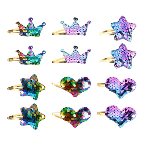 DECOMELODY 12 Stück Teiliges Haarschmuck Mädchen Bunte Pailletten haarspangen in Herz Kronenform Kreative Haarclips für Alltag Party und Hochsteckfrisuren Robust und Dekorativ von DECOMELODY