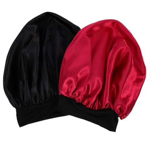 DECOMELODY 2 Stück Große Satin Haarhaube Elastisch Krempe Atmungsaktive Schlafhaube und Duschhaube für Damen Multifunktional als Haarschutz bei Nacht und Chemo Praktische Mütze in Weinrot von DECOMELODY