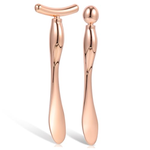 DECOMELODY 2 Stück Teiliges Augenmassagegerät T form und Metall Augencreme Applikator Löffel für Hautpflege Fördert Absorption Schwellungen Wiederverwendbar Tragbar Roségoldfarben von DECOMELODY