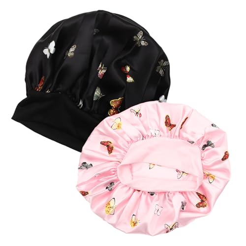 DECOMELODY 2 Stück Teiliges Satin Schlafhauben Damen Weiche Krempe Haarschonend Knotensicher Atmungsaktiv Modisch für Nachtpflege Schützt Bettwäsche vor Haarausfall von DECOMELODY