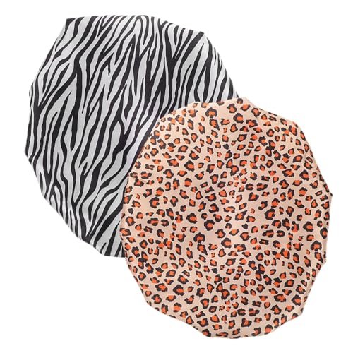 DECOMELODY 2 Stück Wiederverwendbare Wasserdichte Duschhauben für Damen Doppellagig Elastisch Bequem Badekappen mit Leoparden und Zebramuster für Kurze und Mittlere Haare Reisetauglich von DECOMELODY