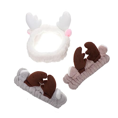 DECOMELODY 3 STÜCKE Plüsch Weihnachts Haarbänder mit Antler Design Weiche Elastische Make Up Haarbänder für Gesichtspflege und Duschen Kaffee und Weiß von DECOMELODY