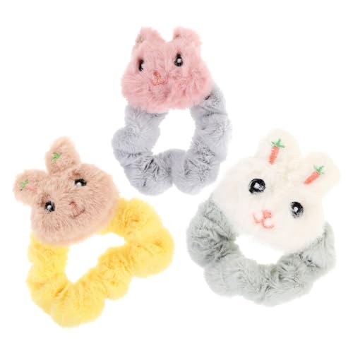 DECOMELODY 3 Stück Elastische Haargummis mit Niedlichen Plüsch Hasenohren Weiche Haarbänder für Damen und Mädchen Dehnbar Schonend für Ponytails Haarschmuck Accessoires in Khaki Weiß und von DECOMELODY