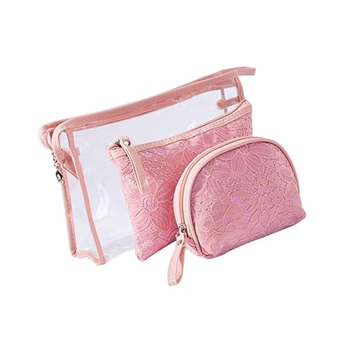 DECOMELODY 3 Stück Teiliges Kosmetiktasche Set aus PVC mit Spitze Kompakte Makeup Taschen für Damen Reise Kulturbeutel mit Reißverschluss Große Kapazität für Kosmetik Toilettenartikel und von DECOMELODY