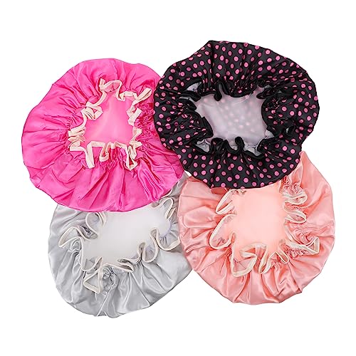 DECOMELODY 4stücke Teiliges Satin Duschhauben Für Damen Wasserdichte Schlafhaube Zur Haarpflege Vielseitig Einsetzbar Für Bad Und Schlaf Verschiedenen Farben Wassermelone Punkte Gummipink von DECOMELODY