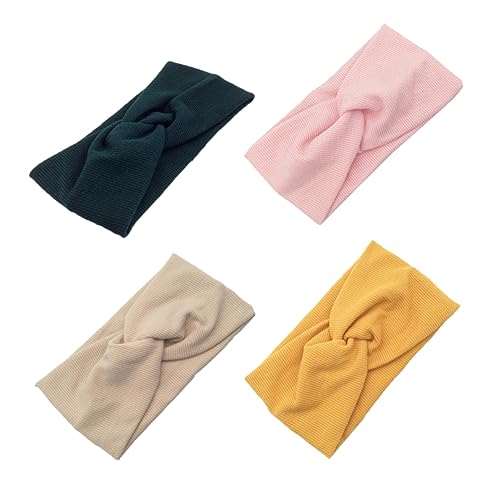 DECOMELODY 4Stücke Teiliges Baumwoll Stirnbänder für Damen Elastische Knotenkopfwickel Schwarzgrün Ingwer Beige und Rosa für Yoga und Sport Atmungsaktiv und Schweißableitend von DECOMELODY