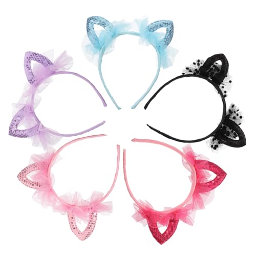 DECOMELODY 5 Stück Teiliges Haarreif mit Glitzer Katzenohren Verstellbares Stirnband aus Spitze und Pailletten Dekoratives Haarschmuck für Mädchen Geburtstag Party und Zufällige Farbe von DECOMELODY