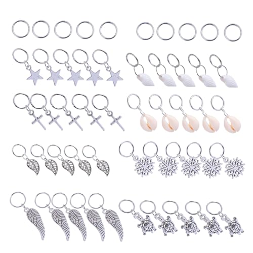 DECOMELODY 50 Stück Teiliges Haarschmuck Silberfarbene Metallringe für Zöpfe mit Stern und Blattanhängern Einfache Anwendung Haaraccessoires für Party Hochzeit Alltag und von DECOMELODY