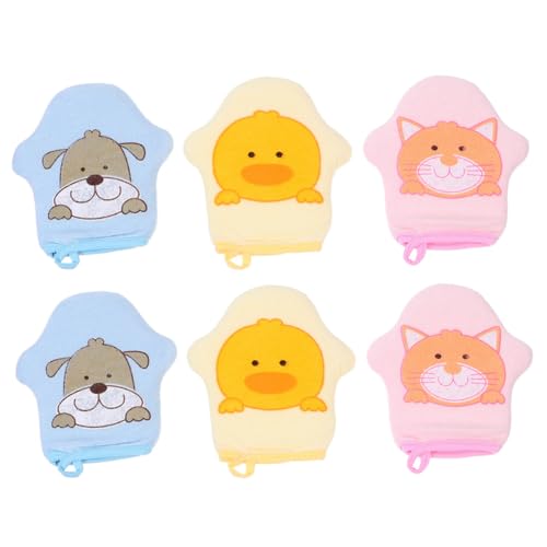 DECOMELODY 6 Stück Teiliges Badehandschuhe Cartoon Design Weiche Waschhandschuhe zum Baden und Peeling Sanfte Hautreinigung und Massage für Junge Mädchen in Gelb Blau von DECOMELODY