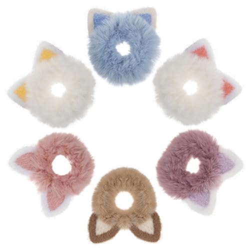 DECOMELODY 6Stücke Flauschige Katzenohren Haargummis für Mädchen Weiche Haarbänder für Kawaii Scrunchies mit Tierdesign für Partys Alltag von DECOMELODY