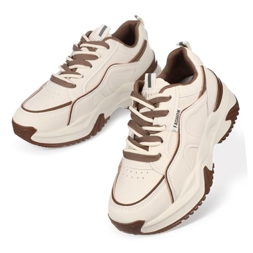 DECOMELODY Damen Sneaker aus Echtmaterial Bequeme Sportschuhe mit Atmungsaktivem Design Vielseitig für Fitness Alltag und Wandern Modische Tennisschuhe in Khaki von DECOMELODY