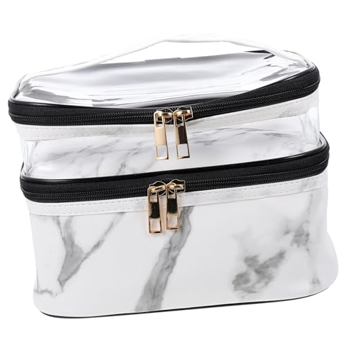 DECOMELODY Doppelschichtige Kosmetiktasche mit Reißverschluss Weißer Marmor PVC Transparent Tragbarer Kulturbeutel für Reise Make up und Hautpflege Organizer von DECOMELODY