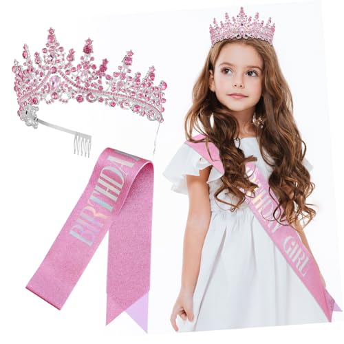 DECOMELODY Geburtstagskrone und Schärpe mit Funkelnden Kristallsteinen für Mädchen und Damen Silberne Tiara mit Rosa Strass Wiederverwendbare Partydeko für Geburtstagsfeiern und Besondere von DECOMELODY
