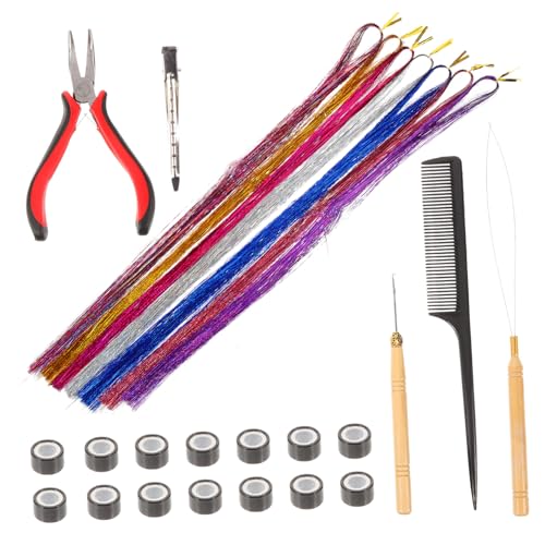 DECOMELODY Hair Tinsel Strähnen mit Bunten Glitzerfarben Silikon Klettperlen Holz Häkelnadel und Spitzkamm Flexibles Haar Accessoire für Frauen zum Schnellen Einflechten und Styling von DECOMELODY
