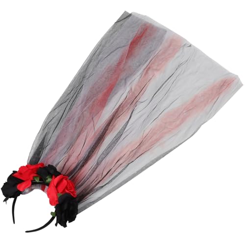 DECOMELODY Halloween Haarschmuck Damen Haarreif mit Schwarzer und Roter Rosenblüte Langem Netzschleier Fest Sitzend Europäischer Stil Kopfbedeckung für Party Festival und Cosplay von DECOMELODY