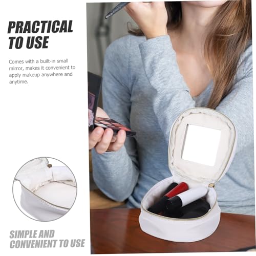 DECOMELODY Tragbare Kleine Kosmetiktasche aus Echtem Leder mit Spiegel Kompakter Lippenstift Organizer für Outdoor Verwendung Stilvoller Makeup Organizer Beutel für Damen Weiß von DECOMELODY