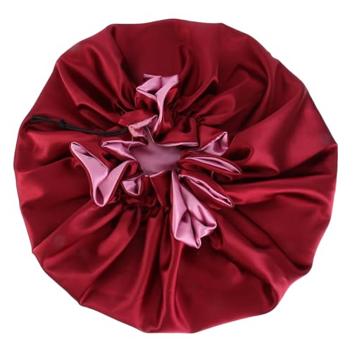 DECORNIJIA 1stück Doppel-layer Duschhaube Mit Farbiger Spitze Wasserdichte Badekappe Für Damen Elastische Und Verstellbare Haube Für Duschen Kochen Und Spa Hellrosa Weinrot von DECORNIJIA