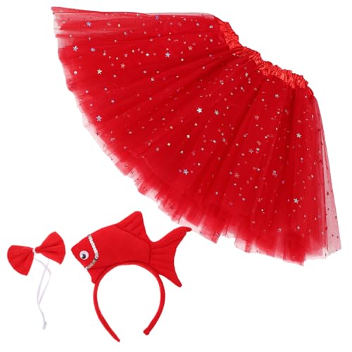 DECORNIJIA 1satz Junge Mädchen Kostüm Mit Haarschmuck Fliege Und Rock Süßes -tier Outfit Für Halloween Partys Und Alltag Inklusive Roter Goldfisch-headband Und Rotem Sternen-tüllrock von DECORNIJIA