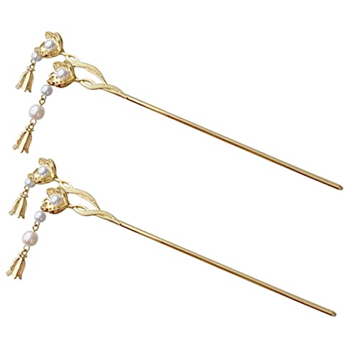 DECORNIJIA 2 Stück Blume Haarnadel Haarstock Geformt Dekorativ Bunt Perle Hochzeit Groß Stifte Haarnadel Für Frauen Lockig Chinesische Haarstäbchen Blumenhaarstab Haargabel Golden Legierung von DECORNIJIA
