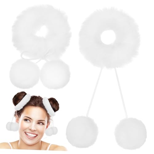 DECORNIJIA 2 Stück Fluffy Haargummis Weiß mit Dicken Elastischen Bändern Weiche Kuschelige Pompon Haarschleifen für Mädchen Sicherer Schonende Haaraccessoires für Ponytails und Dutts von DECORNIJIA