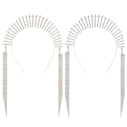 DECORNIJIA 2 Stück Göttinnen Haarreifen mit Strass Quasten Kranz Krone Kopfbedeckung Elegante Tiara für Hochzeit Party und Festliche Anlässe Gold und Silber Einfach Anzulegen von DECORNIJIA
