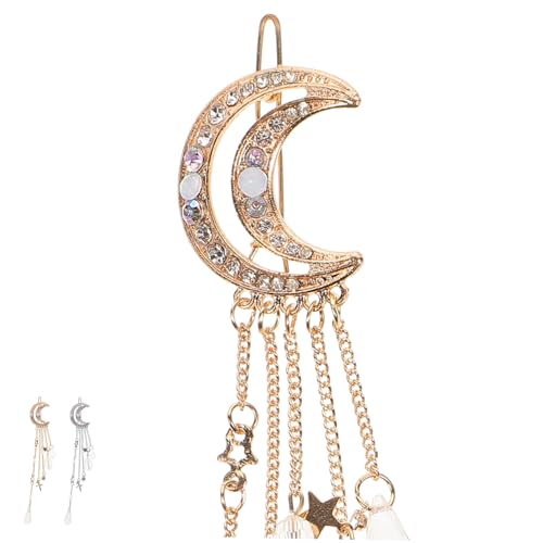 DECORNIJIA 2 Stück Haarklammern mit Tasseln Lange Kette Mond und Stern Anhänger Eleganter Haarschmuck für Party Hochzeit Modisches Damen Accessoire in Gold und Silber von DECORNIJIA