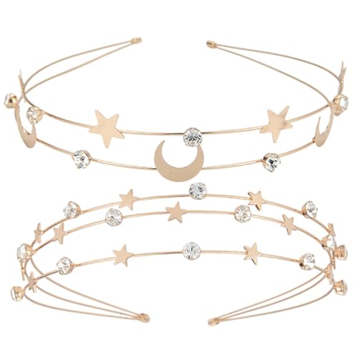 DECORNIJIA 2 Stück Teiliges Mehrschichtiger Metall haarreifen mit Stern Mondmotiv Goldfarben Leichtes Langlebiges Party Brautschmuck haarband für Damen Festlicher Kopfschmuck von DECORNIJIA