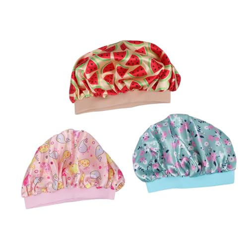 DECORNIJIA 3 Stück Satin Schlafhauben mit Elastischem Breitem Bund Atmungsaktiv und Bequem Weiche Haarkappen für Mädchen Grün Beige mit Wassermelone und Delfin für Nachtschlaf von DECORNIJIA