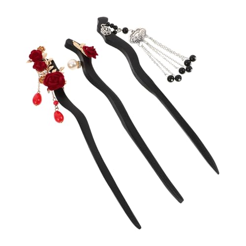 DECORNIJIA 3 Stück Teiliges Chinesisches Holz Haarstab mit Handgeschnitzter Rosenblüte Langem Tassel Anhänger und Traditionellem Verschluss Komfortabel Poliert Vielseitig für Frauen Festliche von DECORNIJIA