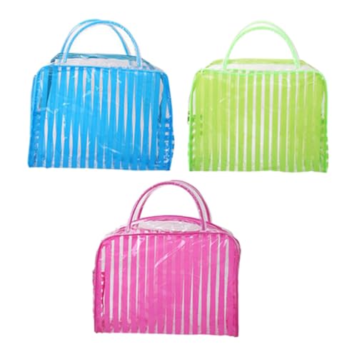 DECORNIJIA 3 Stück Transparenter Kulturbeutel Teilig Wasserfest PVC Reise Kosmetiktasche mit Griff Streifen Design für Damen und Herren Flugzeug Kabinengepäck Make Up Organizer in Rot Grün von DECORNIJIA