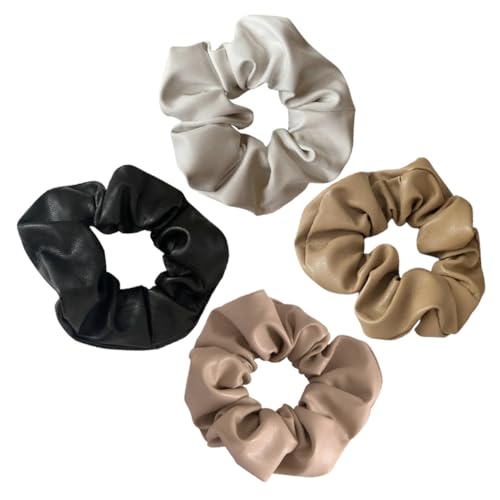 DECORNIJIA 4 Stück PU Leder Haargummis Elastische Scrunchies in Khaki Dunkelbraun Weiche Haargummis für Mittellanges Langes Haar Haarbänder für Damen und Mädchen Vielseitig für Alltag Sport von DECORNIJIA