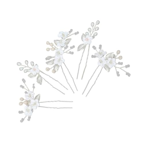 DECORNIJIA 5 Stück Braut Haarschmuck U förmige Haarforken mit Weißen Softton blumen und Silbernen Metallblättern Strassbesetzte Hochzeits haarnadeln für Damen Vielseitig für Brautfrisuren von DECORNIJIA