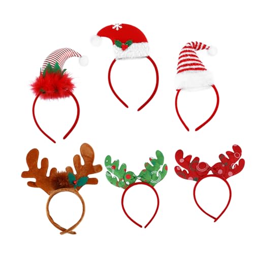 DECORNIJIA 6 Stück Teiliges Weihnachts Haarreif mit Weichen Gepolsterten Rentiergeweihen in Rot Grün und Braun Sowie Satin Weihnachtsmützen Vielseitiger Haarschmuck für Erwachsene Festen und von DECORNIJIA