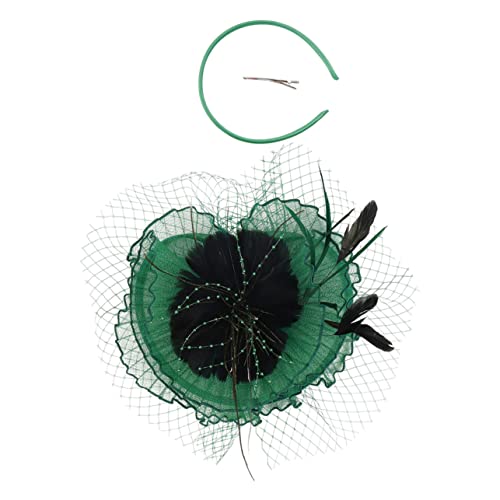 DECORNIJIA Fascinator Hut Damen Mesh Federn Haarclip und Stirnband Abnehmbar Vielseitiges Haarschmuck für Hochzeit Tea Party Eleganter Kopfschmuck Dunkelgrün von DECORNIJIA
