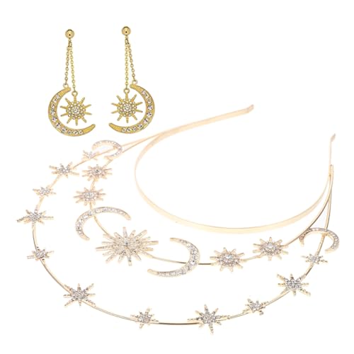 DECORNIJIA Göttinnen Haarreif mit Stern und Mond Dreischichtiges Goldenes Haarschmuck mit Ohrringen Langlebig Legierter Hochzeitsschmuck für Frauen Eleganter Haarschmuck für Braut und von DECORNIJIA