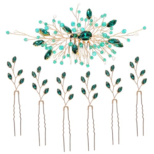 DECORNIJIA Grüner Haarkamm mit Strasssteinen Teiliges Braut Haarschmuck für Damen Seitenkämme Dekorative Haarnadeln Geeignet für Hochsteckfrisuren und Festliche Anlässe von DECORNIJIA