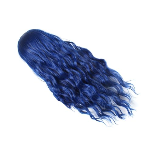 DECORNIJIA Natürliche Blaue Lange Gewellte Perücke Cosplay Haarteil Mittlerer Scheitel Hitzebeständige Matte Kunstfaser Halloween Party Frauen Schnelle Befestigung kleberfrei von DECORNIJIA