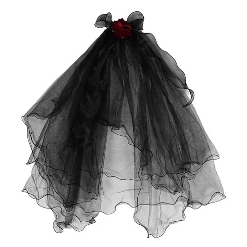DECORNIJIA Schwarzer Kostümschleier Mit Rosenkopfschmuck Aus Spitze Für Halloween-party Gothic-kostüm Brautschleier Für Damen Junggesellinnenabschied Toter Brautkostüm von DECORNIJIA