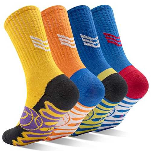 DECOVICI Sportsocken Kinder 4 Paare, Basketball Socken für Jungen Mädchen 14-16 Jahre Fussball Laufsocken Trainer Tennis Schule Wandern Socken(14-16, Gelb + Orange + Dunkelblau + Hellblau) von DECOVICI