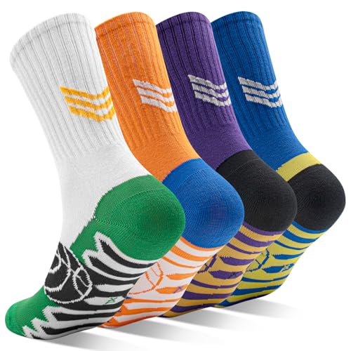 DECOVICI Sportsocken Kinder 4 Paare, Basketball Socken für Jungen Mädchen 9-13 Jahre Fussball Laufsocken Trainer Tennis Schule Wandern Socken(9-13, Weiß + Orange + Lila + Dunkelblau) von DECOVICI