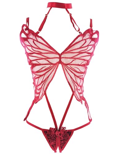 DEDLSEME Damen Bodysuit Dessous Set Schmetterling Bestickt Unterwäsche,(Schwarz/Rot) S-M von DEDLSEME
