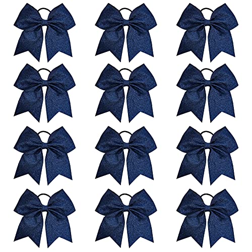 DEEKA 12 PCS 7" Large Glitter Cheer Bows Shiny Cheer Hair Bows Ponytail Holder Handmade for Cheerleader Girls Softball Sports -Navy Blue von DEEKA