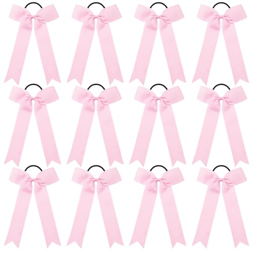 DEEKA 12 Stück Collegiate Style Cheer Bows Long Tail Skinny Cheer Bow Pferdeschwanzhalter Handgefertigte Schleifen für Mädchen Teenager Softball Cheerleader Sport Hellrosa von DEEKA