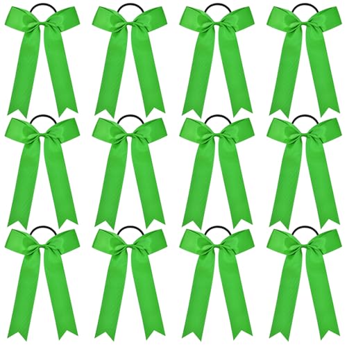DEEKA 12 Stück Collegiate Style Cheer Bows Long Tail Skinny Cheer Bow Pferdeschwanzhalter Handgefertigte Schleifen für Mädchen Teenager Softball Cheerleader Sport Klassisch Grün von DEEKA
