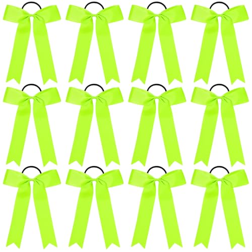 DEEKA 12 Stück Collegiate Style Cheer Bows Long Tail Skinny Cheer Bow Pferdeschwanzhalter Handgefertigte Schleifen für Mädchen Teenager Softball Cheerleader Sport - Neongrün von DEEKA