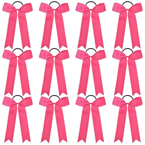 DEEKA 12 Stück Collegiate Style Cheer Bows Long Tail Skinny Cheer Bow Pferdeschwanzhalter Handgefertigte Schleifen für Mädchen Teenager Softball Cheerleader Sport Schocking Pink von DEEKA