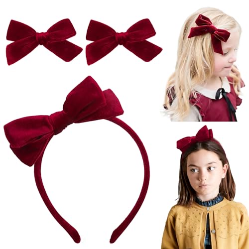 DEEKA Dunkelrotes Samt-Stirnband und 2 Samt-Haarschleifen, Haarschmuck für kleine Mädchen, Dunkelrot von DEEKA