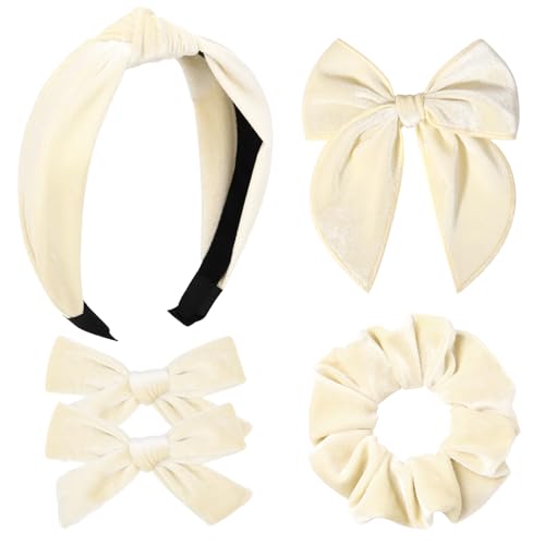 DEEKA Samt-Haarschleifen & geknotetes Stirnband & Haargummi Fable Haarschleife Stirnband Set Samt Scrunchies Krokodilklemmen für Kleinkind Mädchen Haarschmuck für Frauen und Mädchen (Beige) von DEEKA