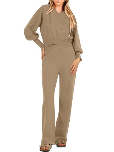 DEEP SELF Damen 2-teiliges Outfit-Pullover-Sets Hoodie Langarm Pullover Pullover und Hose mit weitem Bein Strick-Sweatanzug-Sets, Khaki, L von DEEP SELF