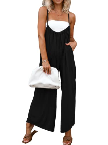 DEEP SELF Damen Casual Loose Fit Ärmellose Jumpsuits Spaghettiträger Weites Bein Baggy Strampler Overall mit Taschen, Schwarz, Medium von DEEP SELF